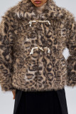 Leopard Print Faux Fur Cropped Jacket Toggle Buttons Turn-down Collar Long Sleeve Casual Streetwear Winter Short Coat Womens Outerwear