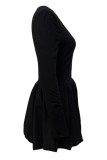 Black Casual U Neck Long Sleeve Holiday Party Bubble Mini Dress