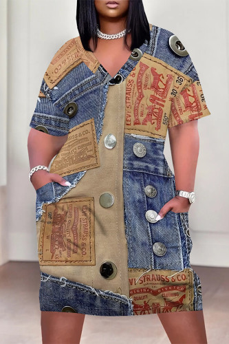Multicolor Casual Street Faux Denim Print V Neck Short Sleeve Plus Size Straigh Midi Dresses