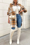 Coffee Oversized Plaid Longline Shirt Jacket Lapel Collar Long Sleeve Loose Fit Casual Outings Shacket Button-up Front Coat Women Outerwear