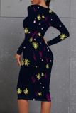 Green Plaid Floral Print Crewneck Long Sleeve Holiday Party Bodycon Midi Dresses