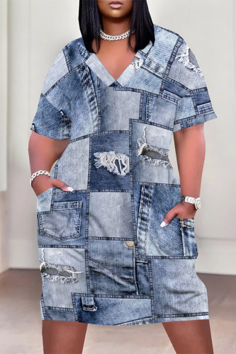 Baby Blue Casual Street Faux Denim Print V Neck Short Sleeve Plus Size Straigh Midi Dresses