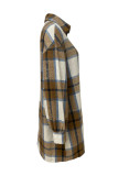 Coffee Oversized Plaid Longline Shirt Jacket Lapel Collar Long Sleeve Loose Fit Casual Outings Shacket Button-up Front Coat Women Outerwear
