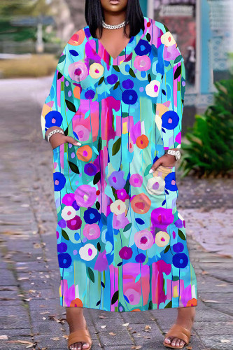 Blue African Graphic Print V Neck Long Sleeve Casual Outing Plus Size Straight Loose Maxi Dresses
