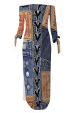 Multicolor Sexy Street Faux Denim Print Lace Up Slit Off Shoulder Long Sleeve Straight Maxi Dresses