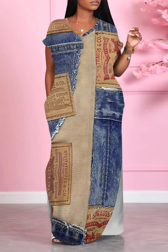 Blue Coffee Casual Street Faux Denim Print Pocket V Neck Short Sleeve Straight Loose Maxi Dresses