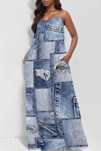 Baby Blue Faux Denim Print Sleeveless U Neck Pocket Straight Loose Maxi Slip Dress