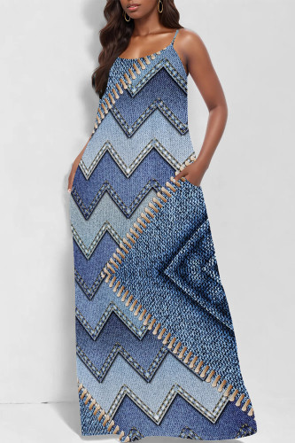 Medium Blue Faux Denim Print Sleeveless U Neck Pocket Straight Loose Maxi Slip Dress