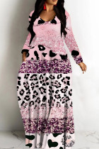 Pink Graphic Print V Neck Long Sleeve Casual Outings Vacation Straight Baggy Maxi Dresses