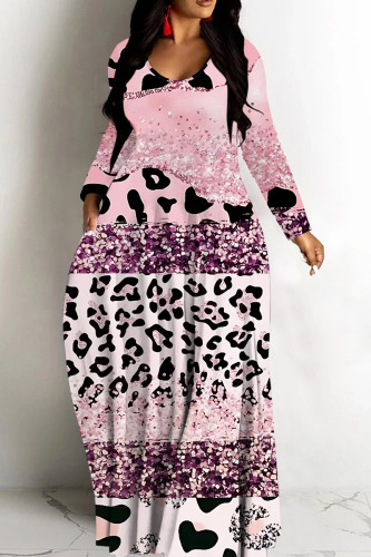 Pink Graphic Print V Neck Long Sleeve Casual Outings Vacation Straight Baggy Maxi Dresses