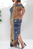 Multicolor Sexy Faux Denim Print Pocket Slit U Neck Short Sleeve Plus Size Straight Maxi Dresses