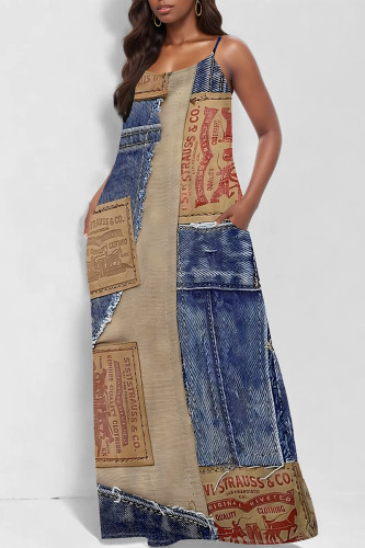 Blue Coffee Faux Denim Print Sleeveless U Neck Pocket Straight Loose Maxi Slip Dress