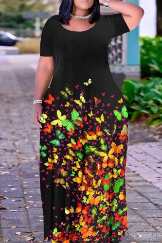 Black Leopard Floral Print O Neck Short Sleeve Casual Outings Vacation Plus Size Straight Loose Maxi Dress