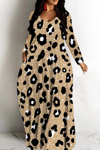 Deep Blue Leopard Print V Neck Long Sleeve Casual Outings Vacation Straight Baggy Maxi Dresses
