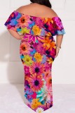 Leopard Print Off-Shoulder Floral Maxi Dress Casual Outings Vacation Short Sleeves Loose Fit Plus Size Gown