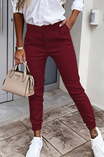 Red Formal Mid Waist Slim Fit Pencil Bottoms Office Lady Skinny Pants