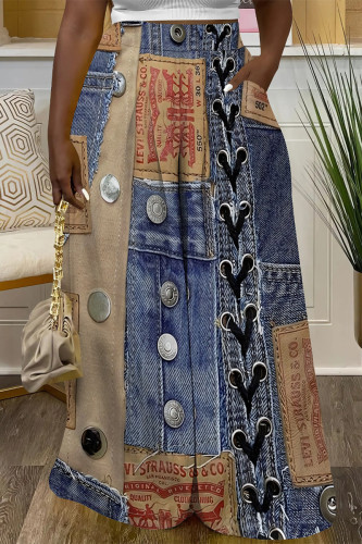Dark Blue Casual Street Faux Denim Print Pocket Loose High Waist Wide Leg Pants Women Straigh Baggy Trousers