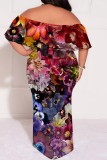 Leopard Print Off-Shoulder Floral Maxi Dress Casual Outings Vacation Short Sleeves Loose Fit Plus Size Gown