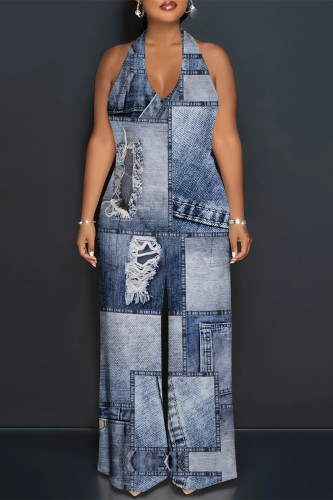 Baby Blue Sexy Street Faux Denim Print Sleeveless Backless V Neck Halter Loose Jumpsuits
