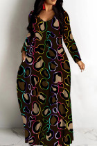 Black Graphic Print V Neck Long Sleeve Casual Outings Vacation Straight Baggy Maxi Dresses