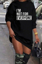 Black Lette Print Crewneck Neck O Neck Straight Loose Mini Sweatshir Dresses