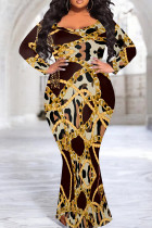 Brown Leopard Chain Print U Neck Long Sleeve Evening Party Plus Size Bodycon Maxi Dress