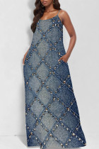 Blue Faux Denim Print Sleeveless U Neck Pocket Straight Loose Maxi Slip Dress