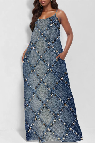 Blue Faux Denim Print Sleeveless U Neck Pocket Straight Loose Maxi Slip Dress
