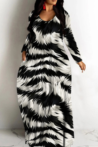 Zebra Graphic Print V Neck Long Sleeve Casual Outings Vacation Straight Baggy Maxi Dresses