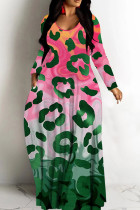 Red Green Graphic Print V Neck Long Sleeve Casual Outings Vacation Straight Baggy Maxi Dresses