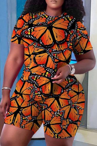 Orange Butterfly Print Crewneck Short Sleeve T Shirt and Skinny Shorts Casual Outings Two Piece Short Set