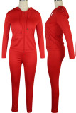 Red Zipper Collar Long Sleeve Hoodie Top And Skinny Pant Casual Outings Draw String Pocket Two Piece Jogging Set