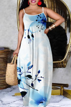 Baby Blue Floral Print Sleeveless Backless Spaghetti Strap Casual Outings Vacation Straight Loose Maxi Slip Dress