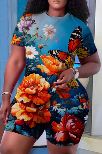 Lake Blue Butterfly Print Crewneck Short Sleeve T Shirt and Skinny Shorts Casual Outings Two Piece Short Tracksuit Set