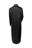 Black Faux Leather Long Trench Coat Button-Up Long Sleeve Open Front Winter Jacket