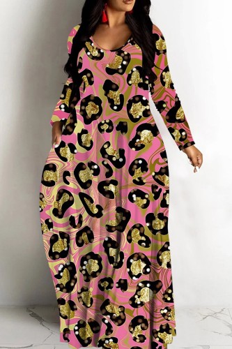 Khaki Leopard Print V Neck Long Sleeve Casual Outings Vacation Straight Baggy Maxi Dresses