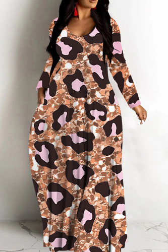 Orange Leopard Print V Neck Long Sleeve Casual Outings Vacation Straight Baggy Maxi Dresses