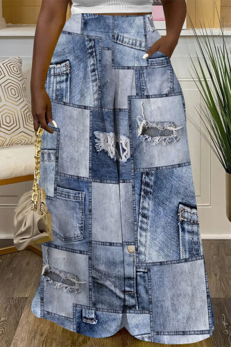 Baby Blue Casual Street Faux Denim Print Pocket Loose High Waist Wide Leg Pants Women Straigh Baggy Trousers