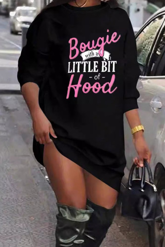 Black Casual Letter Print Crewneck Long Sleeve Straight Fall Sweatshirt Mini Dresses