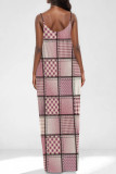 Multicolor Faux Denim Print Sleeveless U Neck Pocket Straight Loose Maxi Slip Dress
