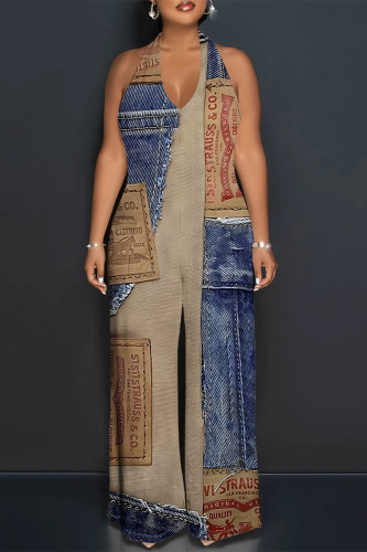 Blue Coffee Sexy Street Faux Denim Print Sleeveless Backless V Neck Halter Loose Jumpsuits