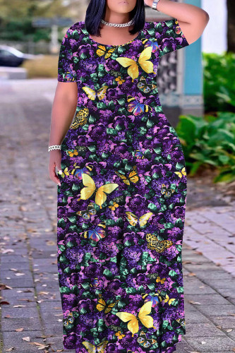 Purple Leopard Floral Print O Neck Short Sleeve Casual Outings Vacation Plus Size Straight Loose Maxi Dress