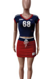 Royal Blue Casual Letters Print V Neck Short Sleeve Fitted T Shirt and Draw String Mini Skirts Casual Outings Two Pieces Dress Set