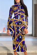 Blue Animal Chain Print High Neck Long Sleeve Evening Party Bodycon Maxi Dress
