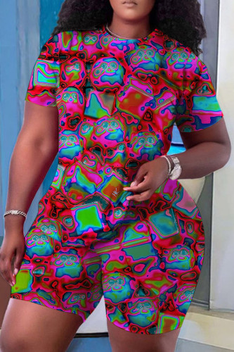 Multi-color Graphic Print Crewneck Short Sleeve T Shirt and Skinny Shorts Casual Outings Matching Short Set