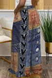 Dark Blue Casual Street Faux Denim Print Pocket Loose High Waist Wide Leg Pants Women Straigh Baggy Trousers