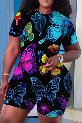 Multicolor Butterfly Print Crewneck Short Sleeve T Shirt and Skinny Shorts Casual Outings Two Piece Short Tracksuit Set