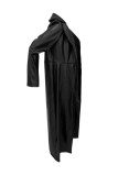 Black Faux Leather Long Trench Coat Button-Up Long Sleeve Open Front Winter Jacket