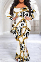 White Leopard Chain Print U Neck Long Sleeve Evening Party Plus Size Bodycon Maxi Dress