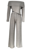 Light Brown Off-Shoulder Long Sleeve Top and Wide Leg Pants Office Lady Cut-Out Two Piece Trouser Set